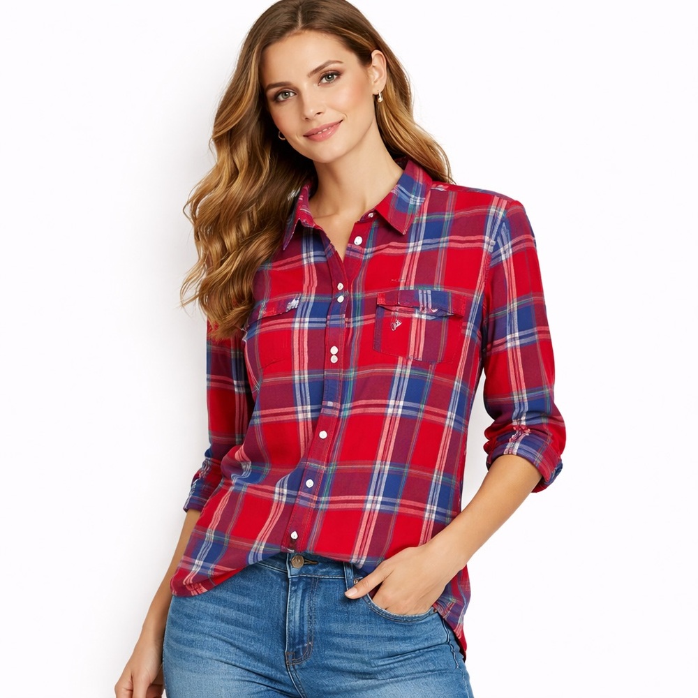 Jack Wills Womens Blouse Red Blue Plaid Long Sleeve Button Up Size 8